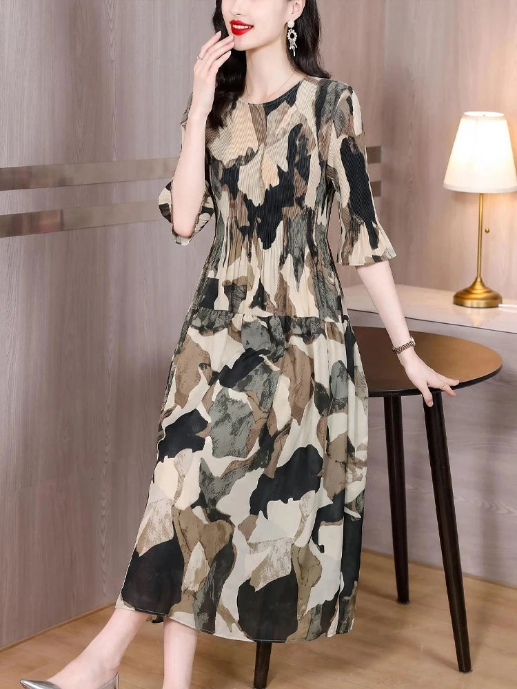 2026 Fashion Dresses for Women Elegant O-Neck Print Women Dress Slim Folds A-LINE Dress Women Vestidos De Verano Mujer Q6292