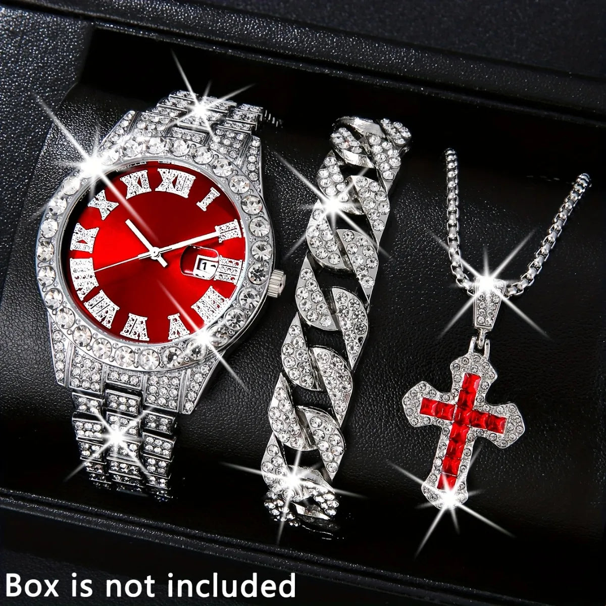 3PCS Luxury Full Diamond Men Watch Bracelet Necklace Set Fashion Hip Pop Men's Calendar Quartz Watches Reloj Mujer?Without Box?