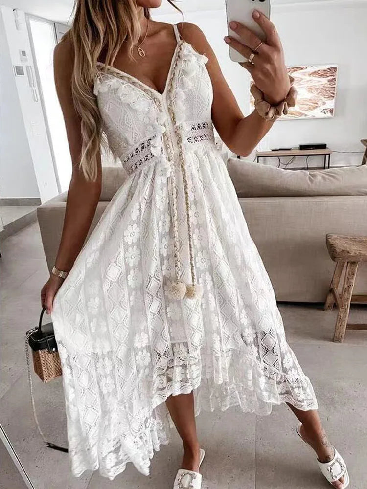 Elegant Lady Summer Lace Dress Holiday  V Neck Spaghetti Strap Sundress Boho White Maxi Dress for Women Vestidos De Mujer 22194