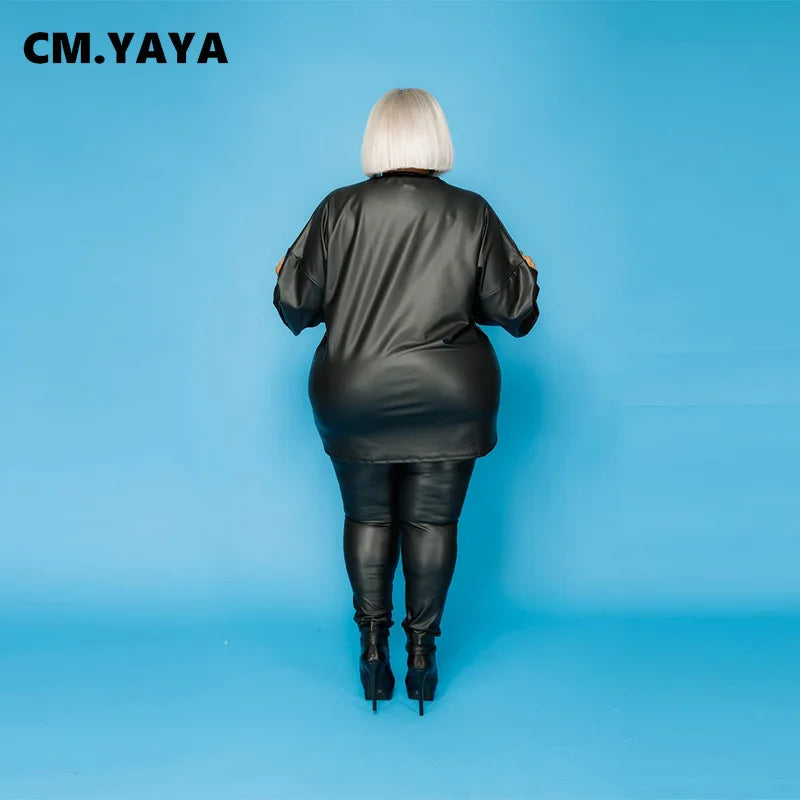 CM.YAYA Active Plus Size XL-5XL Faux Leather Women's Set Jumper Tops Legging Pants Suit Tracksuit Two Piece Set Fitness Outfit