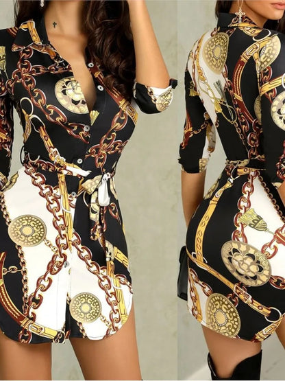 Autumn New Women's Dress Fashionable Sexy Gold Chain Slim Fit Printed Single Breasted Lace Up Waist Cinching Short Skirt