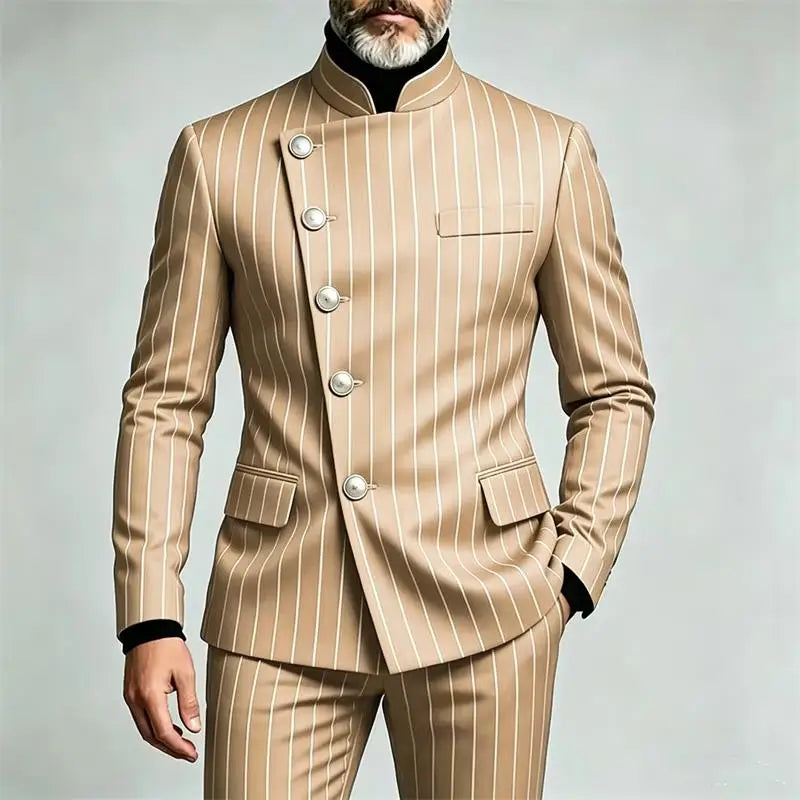 Men's Pinstripe Business Suits Single Breasted Stand Collar Slim Fit Suit Jacket Pants 2 Pieces Formal Tuxedo for Wedding Party