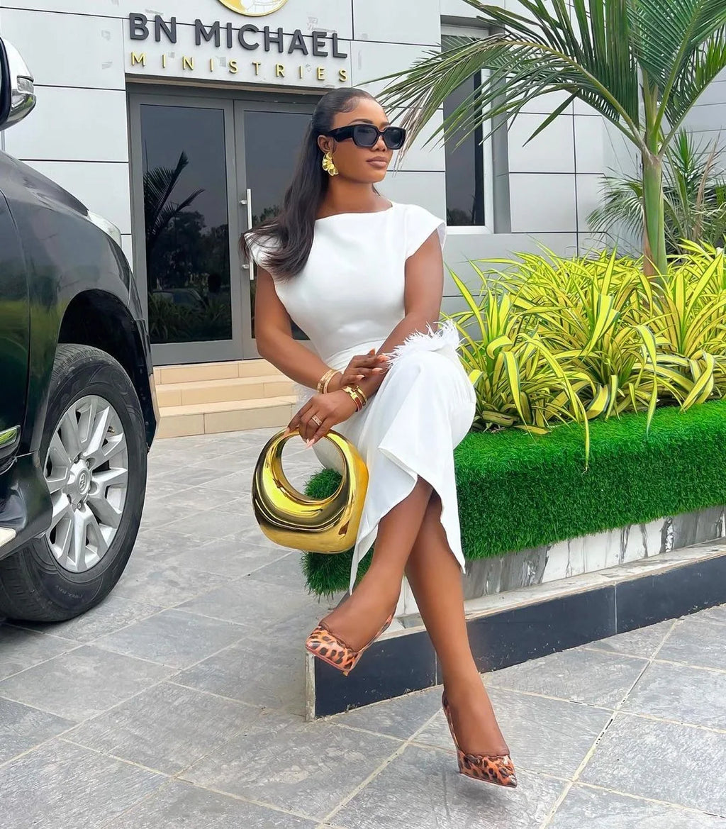 Women Dresses O Neck Pullover Solid Sexy Wrap Buttocks Vestidos Ankle Length Office Lady Dress Slim Fit Sheath Feathers