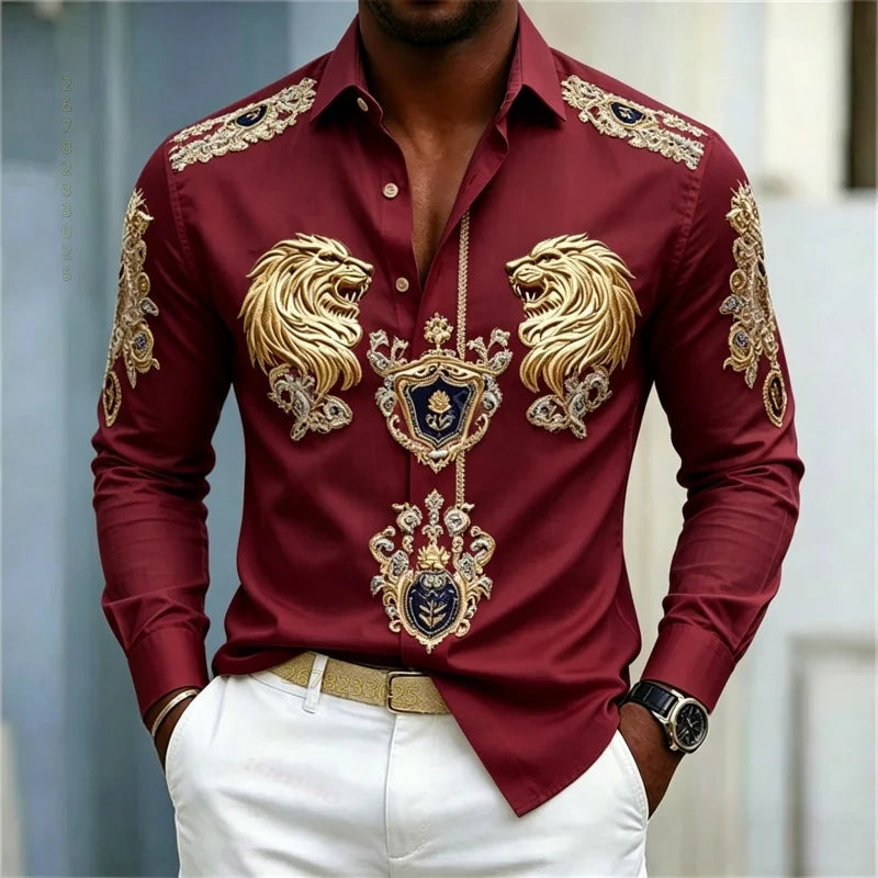 Men's shirt Baroque style shirt Lion head slim fit design long sleeved shirt Business casual street style men's clothing XS-6XL