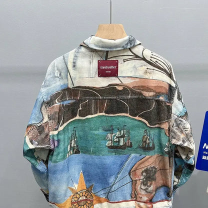 Original Jacket Korean Port Style Printed Lapel Coat Trend Casual Loose Coat Men's New China-Chic