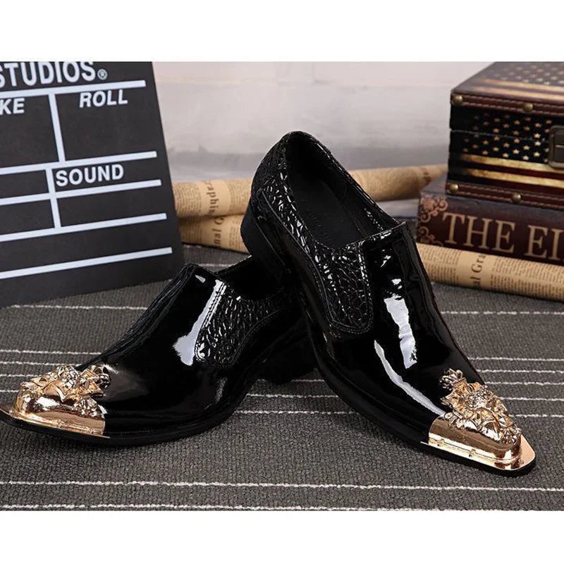 Italienischer Stil Herren Business Schuhe Schwarz Metall Spitz Zehen Schlangenmuster Echtes Leder Schuhe Party Schuhe Herren Flach