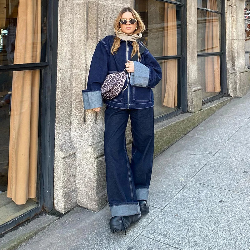 Fashion Denim Jacket Set Women Lapel Single Breasted Long Sleeve Coat Straight Jeans Pants 2025 Spring Lady  High Street Outfits