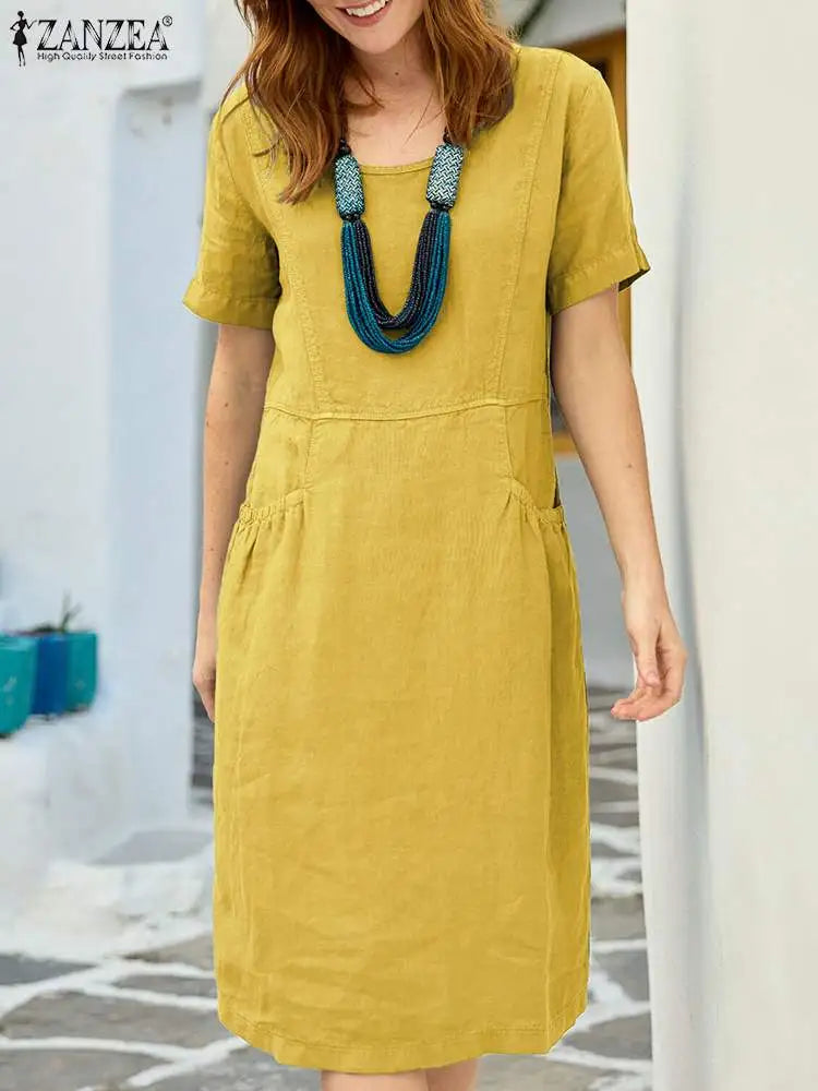 ZANZEA Summer Vintage Short Sleeve Knee-length Dress Women Fashion Solid Party Sundress Robe Femme Casual Pockets Vestido Kaftan