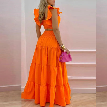 Women Two Piece Set Solid Beach Bohemian Long Skirt Strapless Crop Top Cascanding Ruffles Long Skirt Suit Outfits