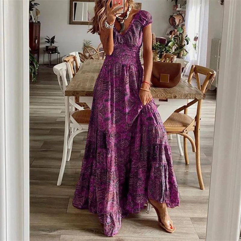 2026 New European and American Bohemian Style Long Dress, Waist-Cinching, Floral Print, Large Hem Dress