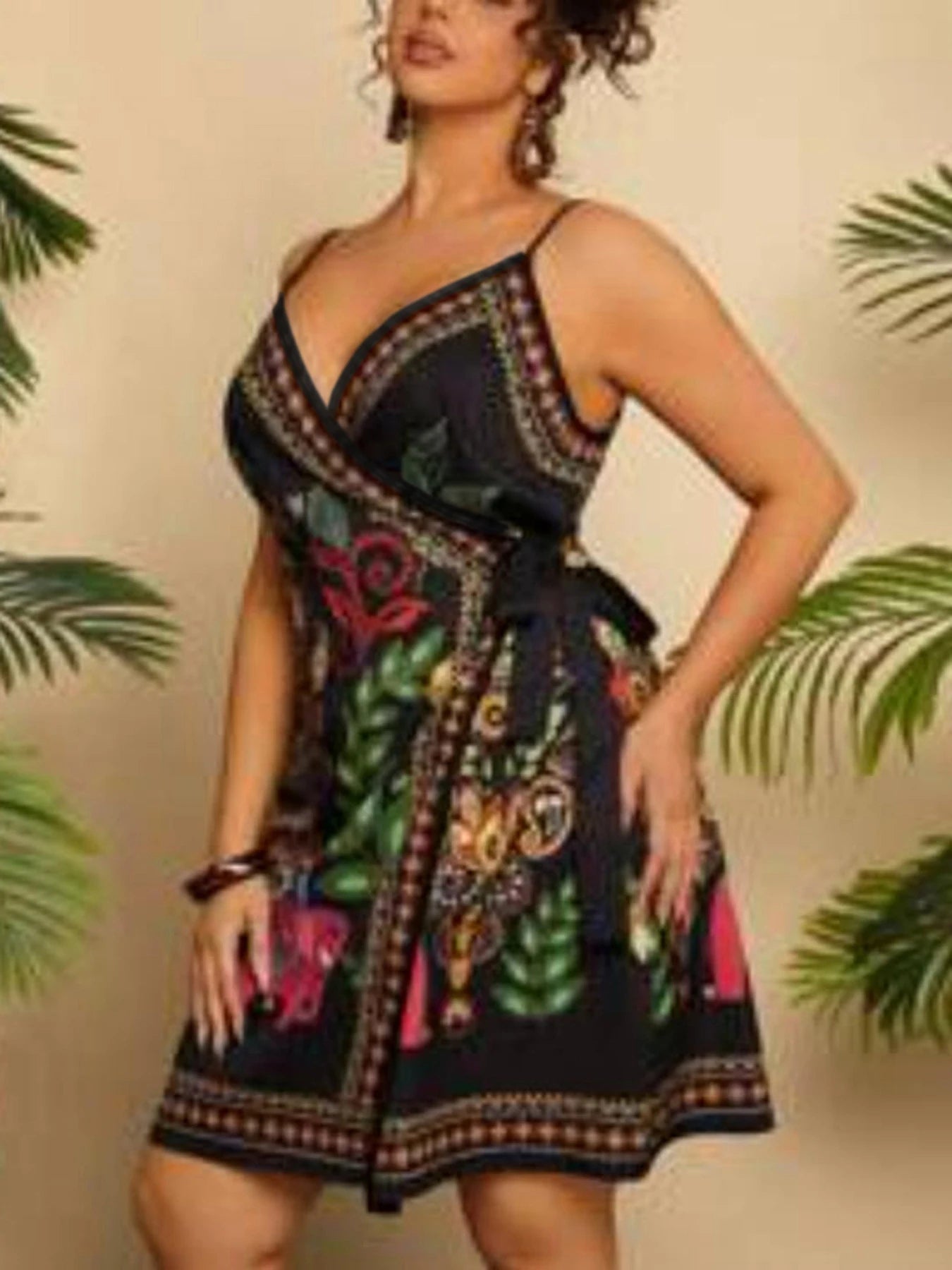 Große Größen Frühling Sommer Elegant Neues Damen Ethnisch bedrucktes Neckholder-Kleid V-Ausschnitt Taillenbetonendes Kurzes Boho-Kleid im Urlaubsstil