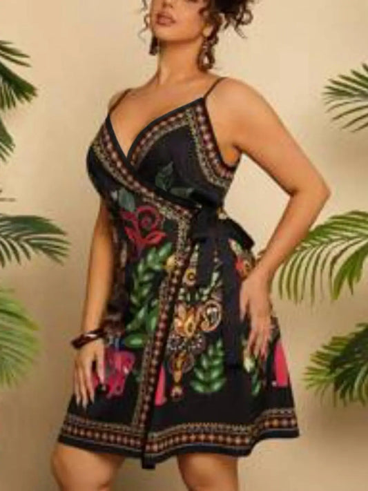 Große Größen Frühling Sommer Elegant Neues Damen Ethnisch bedrucktes Neckholder-Kleid V-Ausschnitt Taillenbetonendes Kurzes Boho-Kleid im Urlaubsstil
