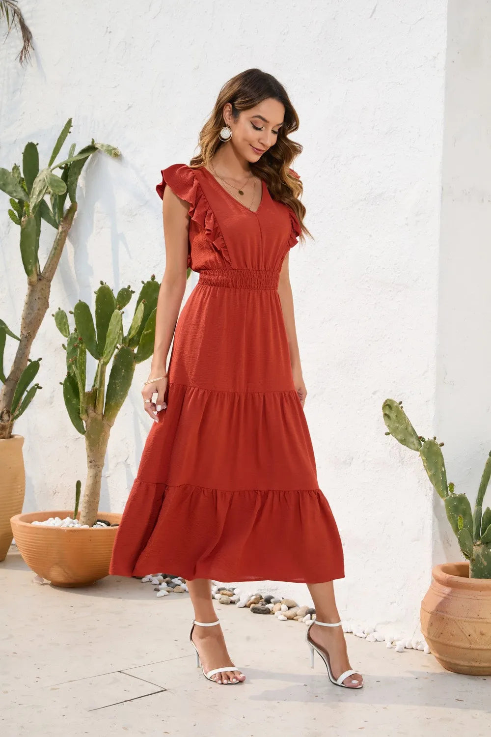 Summer Woman Dress V Neck Sleeveless Red Dresses High Waist A Line Green Maxi Dress Tiered Skirt Boho Black Casual Dress