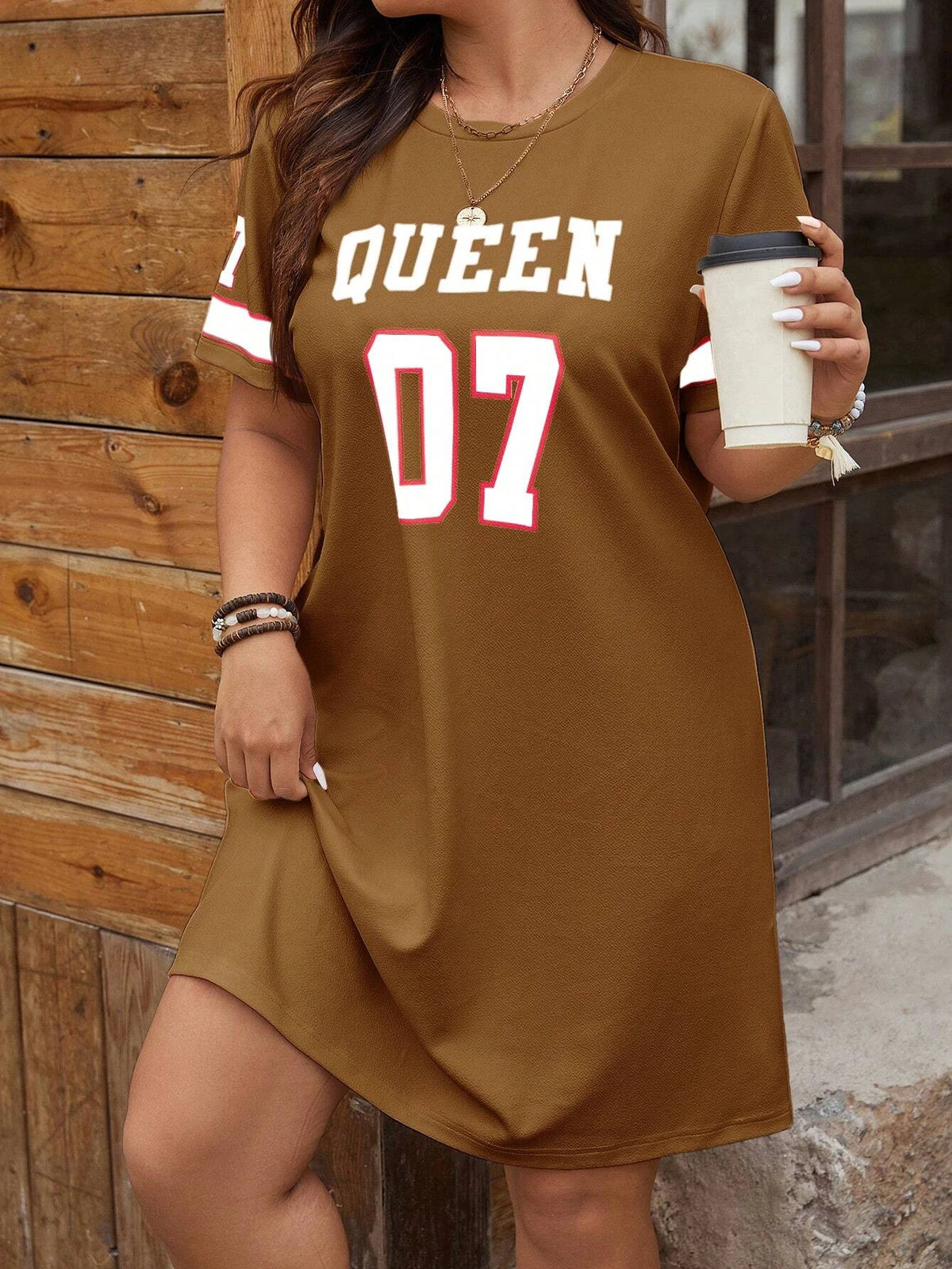 Große Größen Damen Sommer Musikfestival Muster Sportlich Lässig Buchstaben-Print Modisch 07 Bedrucktes Jersey Tenniscore Kleid