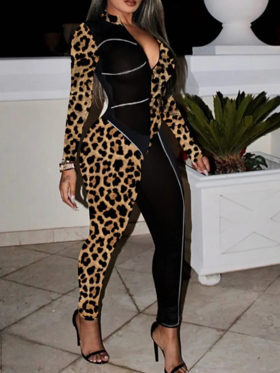 LW Stylish Leopard Print Patchwork One-piece Jumpsuits Long Sleeve Zipper Up Sexy Pantsuits Vintage Bodycon Pajamas Bodysuits