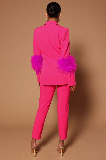 CM.YAYA Vintage Women Fur Hem Long Sleeve Blazer Suit and Pants  Chic OL Fashion Two 2 Piece Set Outfits Basic Tracksuit