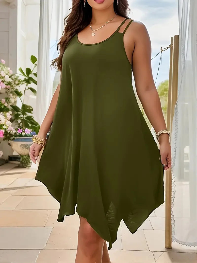 Plus Size Womens Solid Strappy Asymmetrical Hem T Shirt Midi Dress Ladies Sleeveless Casual Loose Summer Holiday Sundress XL-5XL