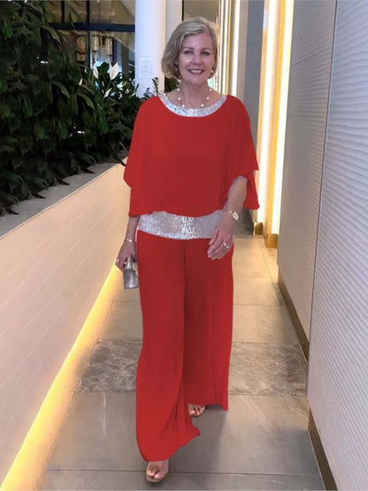 Spring Autumn Women's Clothing New Set Round Neck Fashion Glitter Color Blocked Bat Shirt Wide Leg Pants Set For Women