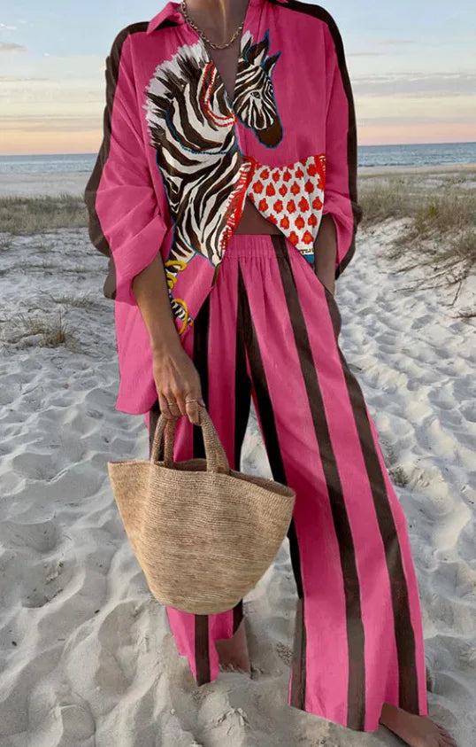 Summer Women New Casual Print Two-piece Set Clothing Seaside Tropical Vacation Style Printed Lapel Shirt + Wide-leg Trousers Set