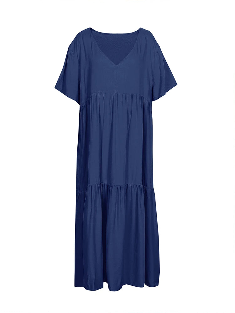 Damen Übergröße Lässiges lockeres V-Ausschnitt Einfarbiges langes Kleid Frühling Sommer Plissee Big Size Damenkleid