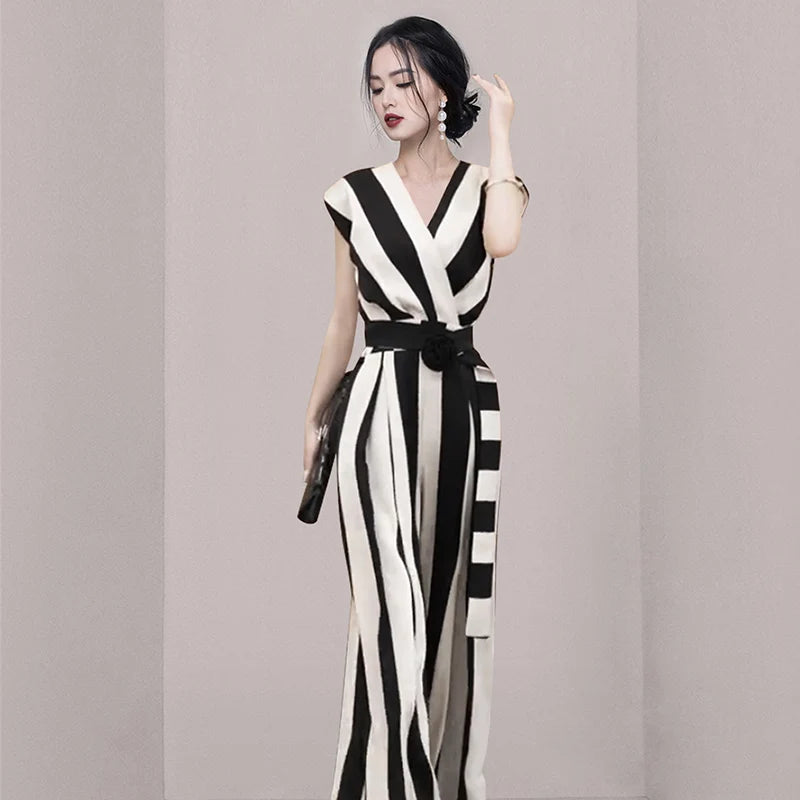 2023 Summer Fashion Elegant Black White Striped + Belt Jumpsuits Office Ladies Sexy V-neck High Street Slim Wide Leg Jumpsuit