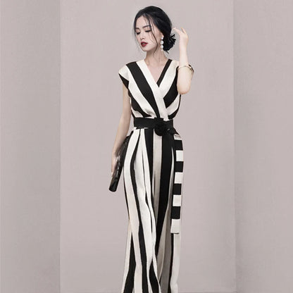 Summer Fashion Elegant Black White Striped + Belt Jumpsuits Office Ladies Sexy V-neck High Street Slim Wide Leg Jumpsuit