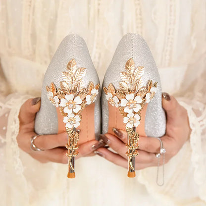 High End Metal Flower High Heels New European American Fashion Luxury Sexy Pointed Women's Shoes Banquet Party Casual Shoes