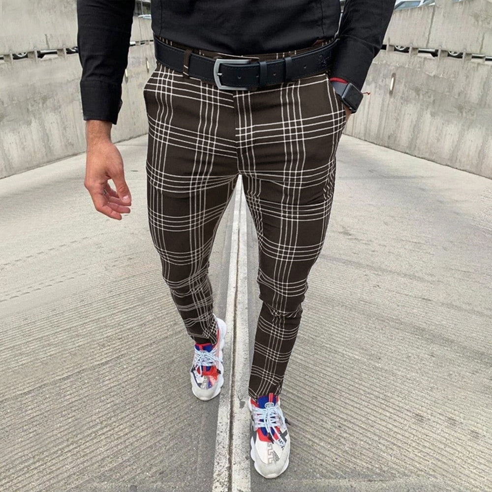 Summer Men&#39;s Casual Pants Plaid Social Stretch Trousers Mid Waist Skinny Business Office Working Party Male Suit Pants Autumn