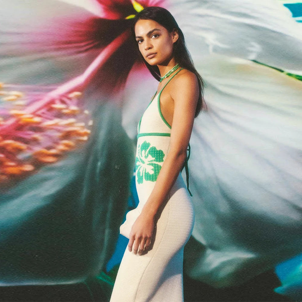 Women Vintage Knitted Backless Sexy Bodycon Dress Bandage Contrast Color Halter Casual Dresses Slim Midi Holiday Sun Dresses