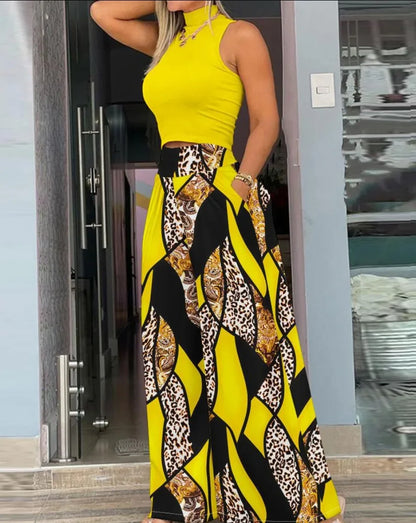 Women Two Piece Pant Sets Sleeveless Turtleneck Tops Pockets Wide Leg Pants High Waist Trousers Suit Elegant Office Ladies
