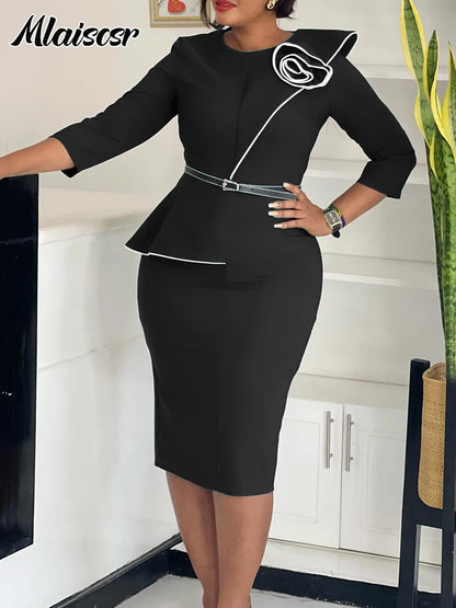 Mlaiscsr Fashion African Mid Dresses with Belt Women 3D Flowers 3/4 Sleeve O-neck Party Evening Office Lady Bodycon Vestidos