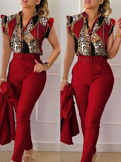 Spring Summer Women's New Printed Lotus Leaf Sleeveless Shirt Suit Elegant Slim Femal Office  Long Pants Belt Two Piece Set
