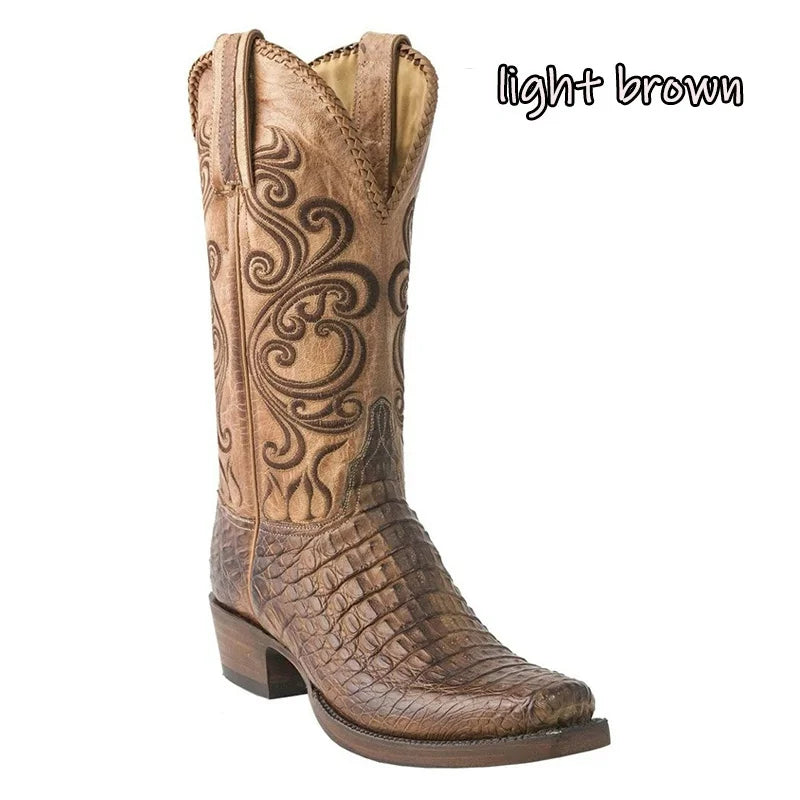 3 Color Fashion Men Women Retro Embroidered Cowboy Boots PU Western Square Toe Boots Plus Size 34-48