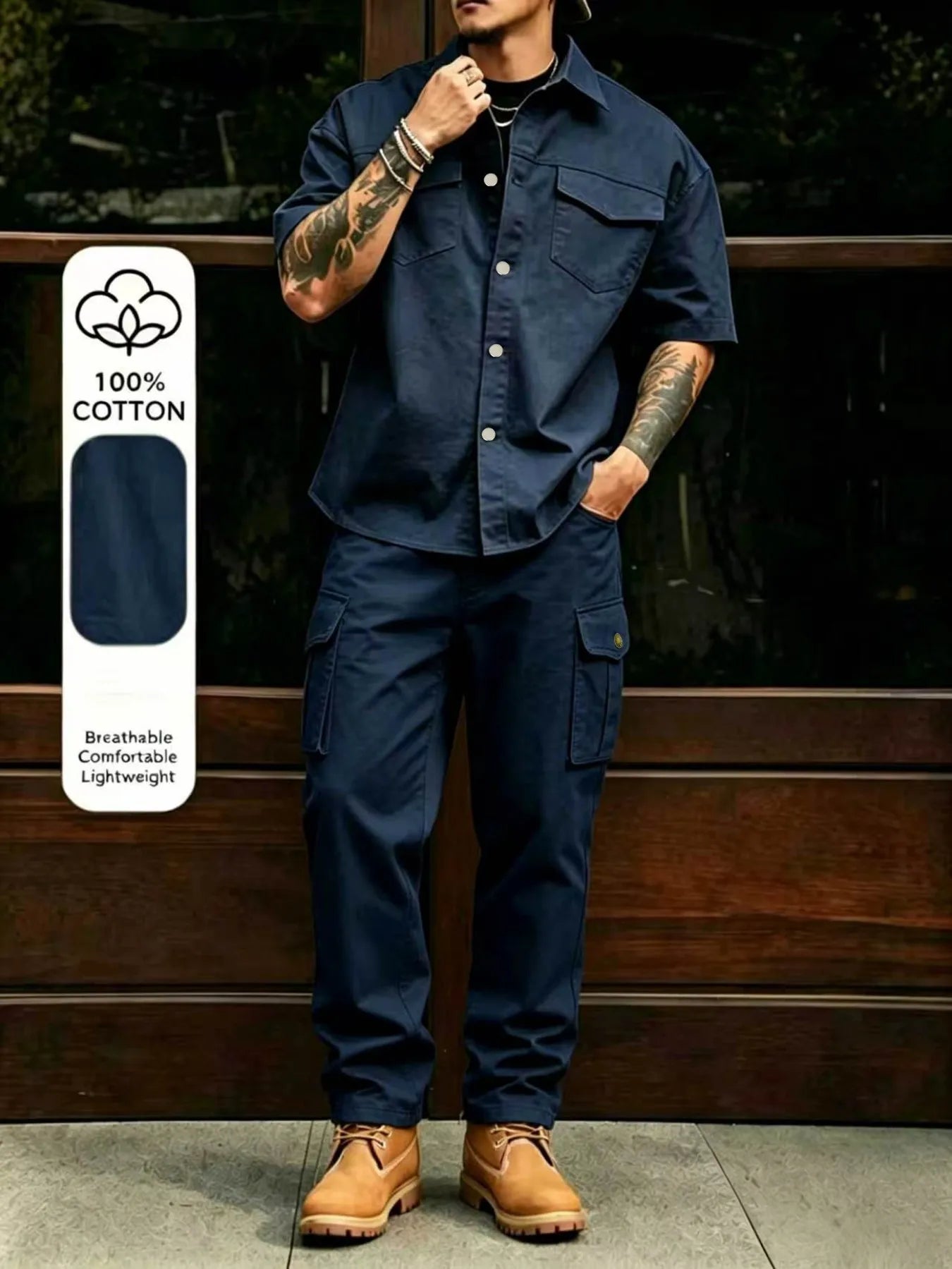 Men's Casual Workwear 100% Cotton Multi-Pocket Short-Sleeved Shirt Pants Set Male Cargo Overalls Streetwear Short Sleeve Button