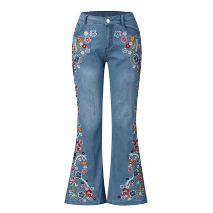 Women Retro Floral Embroidered Denim Flare Pants Distressed Straight Plus Size Trousers Elegant Women Palazzo Wide Leg Jeans