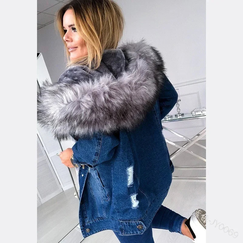 Autumn Women Fashion Denim Coats Retro Big Fur Collar Denim Jacket Temperament Hole Distressed Stitching Jackets Coat 2024