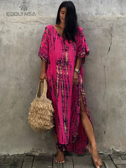 Bohemian Printed V-neck Batwing Sleeve Side Split Loose Dress For Women Clothes Plus Size Beachwear Maxi Dresses Q1218