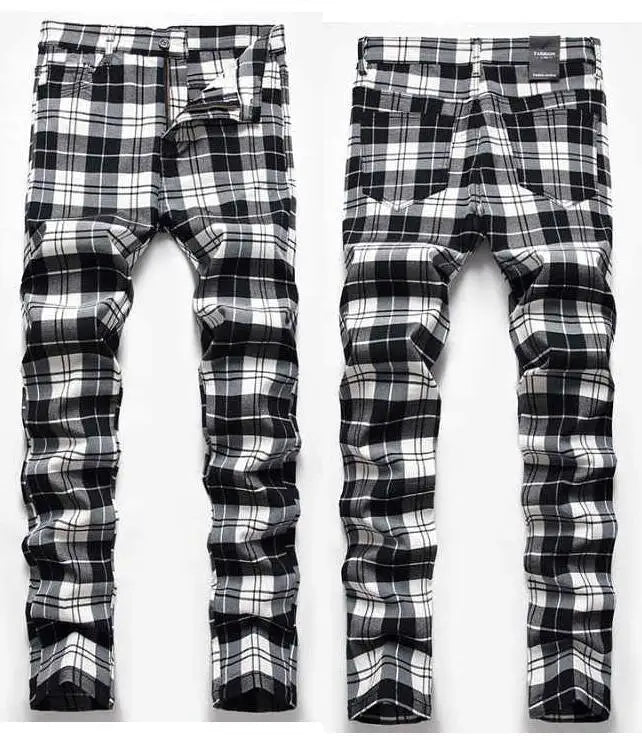 Men's Casual Pants Street Stretchy Skinny Pants Straight Plaid Business Pants Slim Fit Trousers