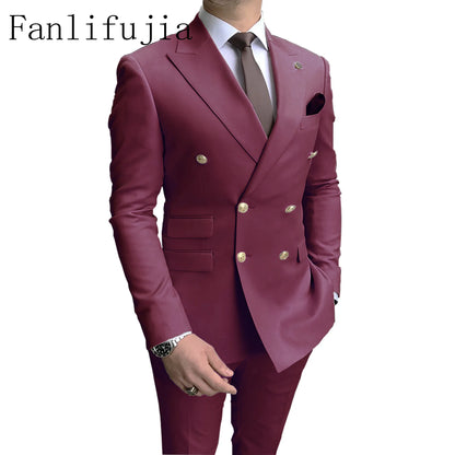 Fanlifujia Store  Casual Sky Blue Men Suits Double Brested Peak Lapel  Gold Button Groom Wedding Tuxedos Best Costume Homme