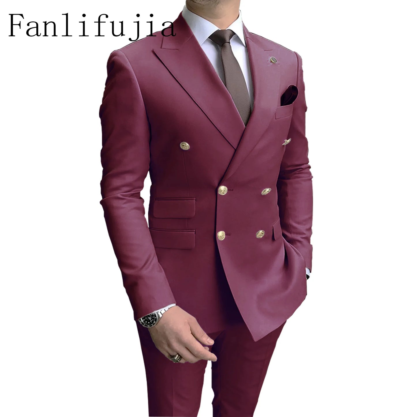 Fanlifujia Store  Casual Sky Blue Men Suits Double Brested Peak Lapel  Gold Button Groom Wedding Tuxedos Best Costume Homme