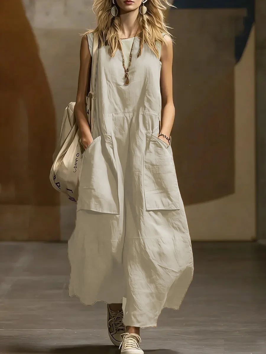 2026 Summer Loose And Simple Sleeveless Cotton And Linen Women's Dress New Fashion Casual Pocket Female Holiday Long Dresses