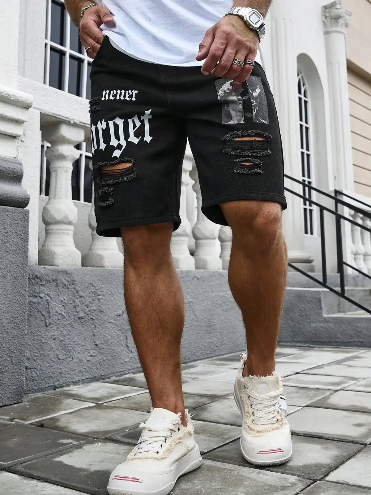 Herren Sommer Stretchy Denim Shorts Jeans Für Herren Streetwear Zerrissene Buchstaben Knielange Baggy Bequeme Cargo Freizeithosen Jeansshorts