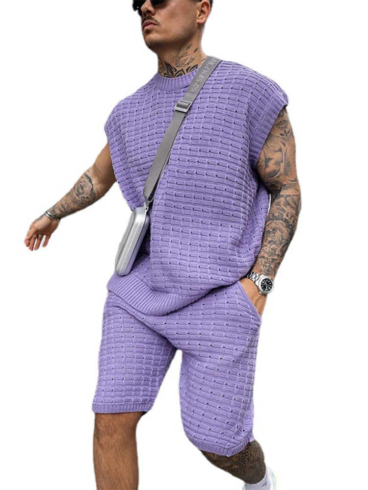 2023 Summer Men Fashion Outfits Knitted Solid Color Loose Suit Two Piece Sets Mens Casual O Neck Pullover and Shorts Suits