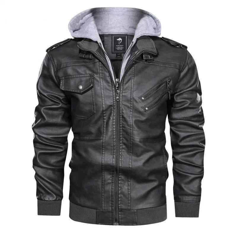 EU Size Men's Winter Leather Jackets Mens Casual Motorcycle Biker PU Leather Coats Outdoor windproof and warm Hooded Outwear