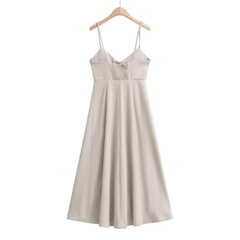 Sivatu Traf Linen Dress Women Strapless V Neck Solid High Quality Midi Vintage Chic and Elegant Y2k Sundress Women's Dresses