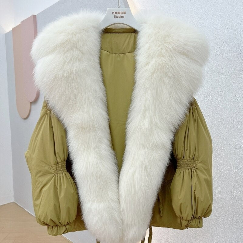 Hot Sales 2023 Women's Winter Coat Short Streetwear Loose Placket High-End Fox Fur Big Fur Collar White Duck Down Down Jacket