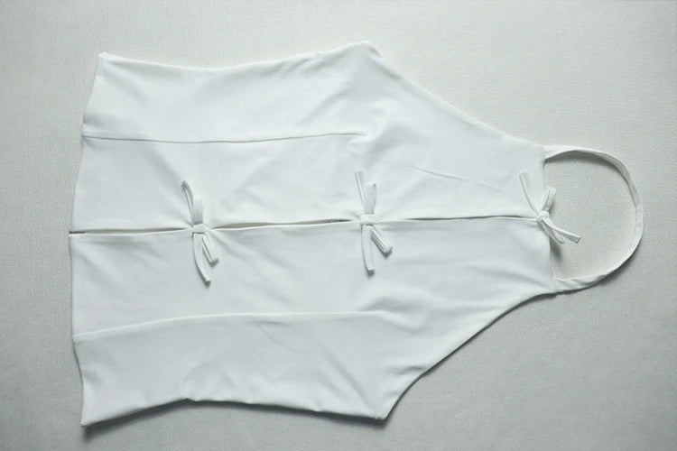 Stylish Lady White Hollow Out 2 Piece Set Women Halter Backless Tops and Irregular Mini Skirts Suits  Summer Elegant Outfits