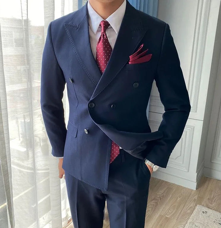 Casual Double Breasted Slim Fit 2 Piece Outfit Set Man Korean High Quality 2024 Full Suit for Men Clothes Gentleman Pants Blazer