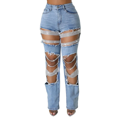 CM.YAYA Women Fashion Pearl Beading Ripped Hollow Out Tassel Wide Leg Jeans  New Summer INS Street Denim Pants Trousers