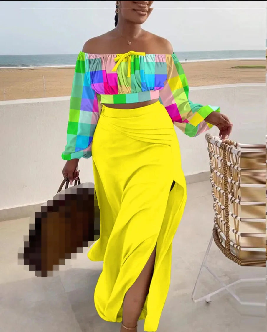 Casual Off Shoulder Suit Sexy Split Printing Loose Long Skirt Two Piece Set For Women Vacation Summer Outfits Vestido Feminino